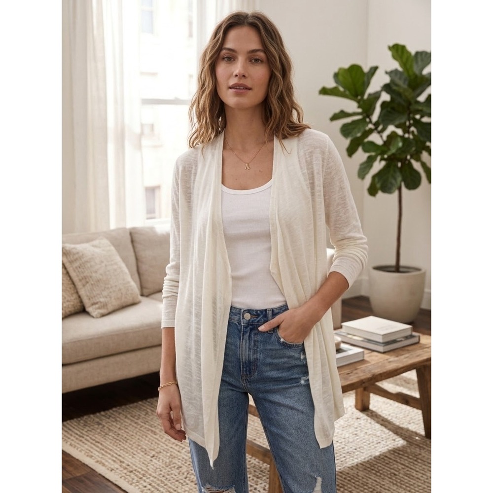 Loft Cream Open Front Draped Waterfall Slub Knit Cardigan XL Neutral Layering